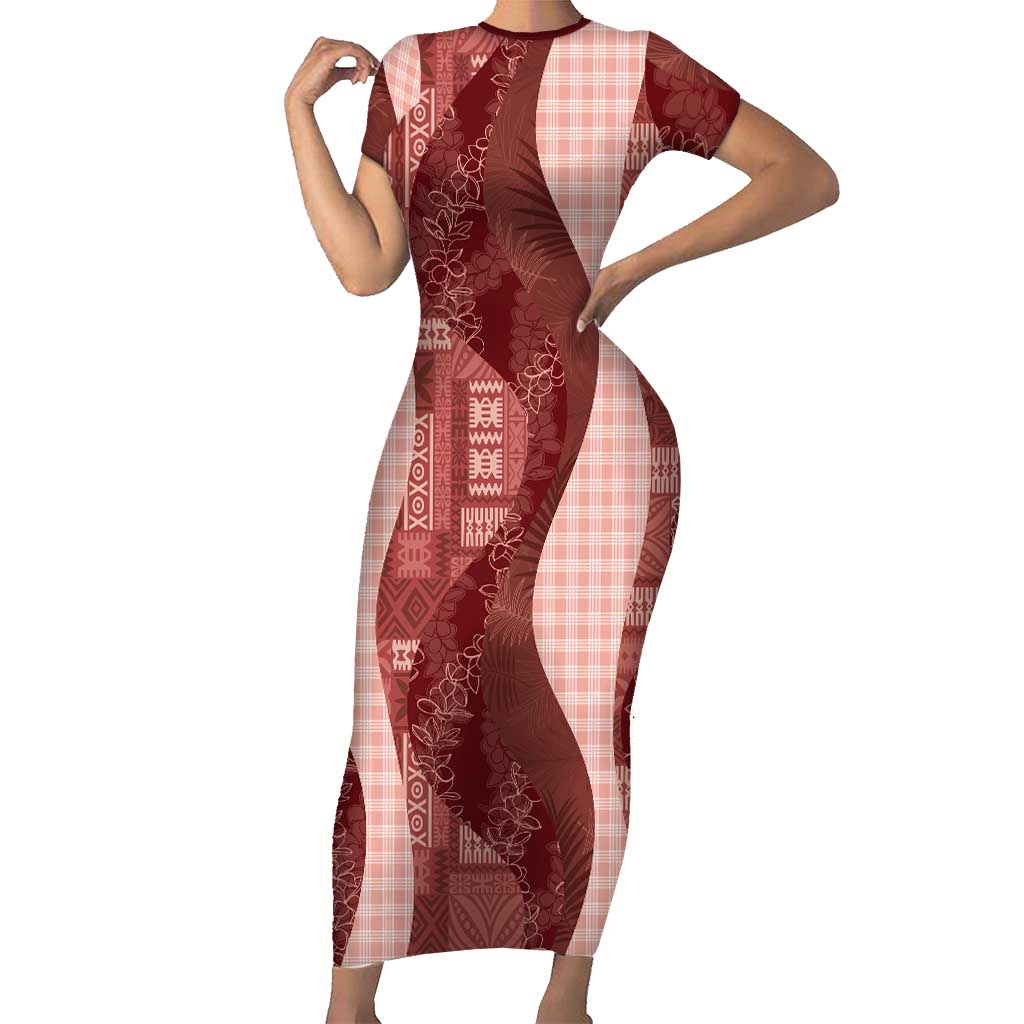 Polynesian Tribal Pattern Patchwork Picturesque Family Matching Short Sleeve Bodycon Dress and Hawaiian Shirt Crimson