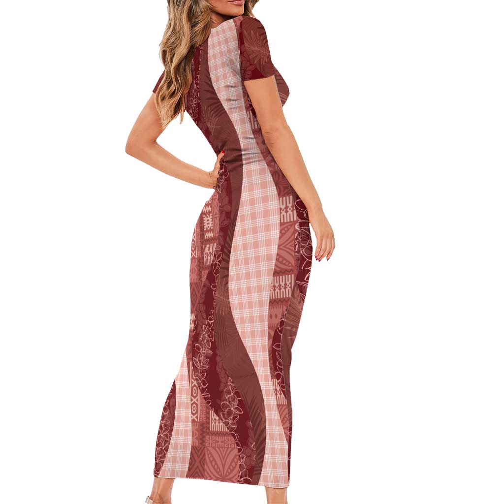 Polynesian Tribal Pattern Patchwork Picturesque Family Matching Short Sleeve Bodycon Dress and Hawaiian Shirt Crimson