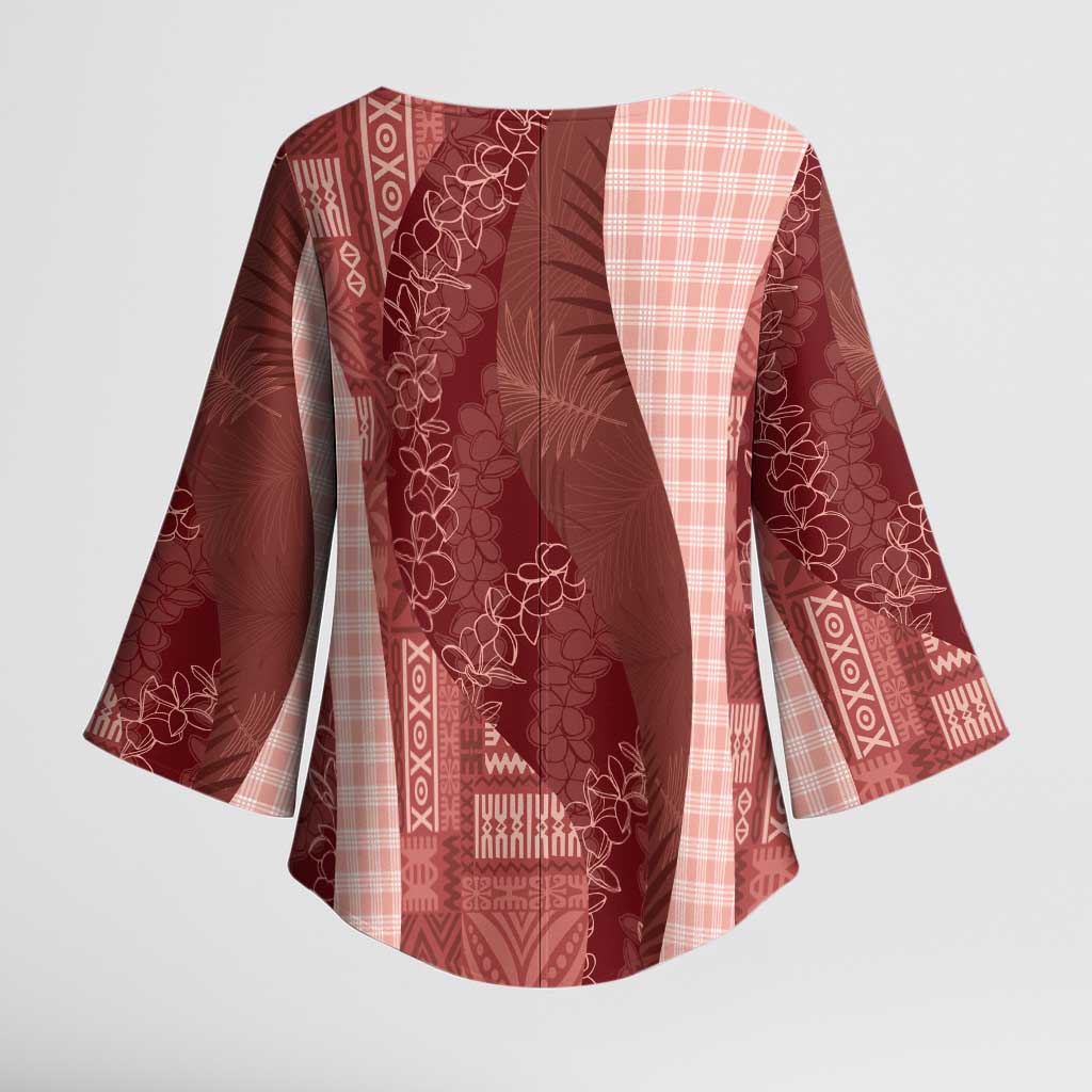 Polynesian Tribal Pattern Patchwork Picturesque Kimono Sleeve Blouse Crimson