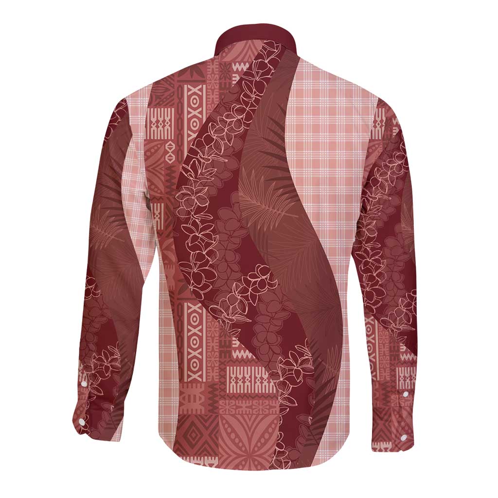 Polynesian Tribal Pattern Patchwork Picturesque Long Sleeve Button Shirt Crimson