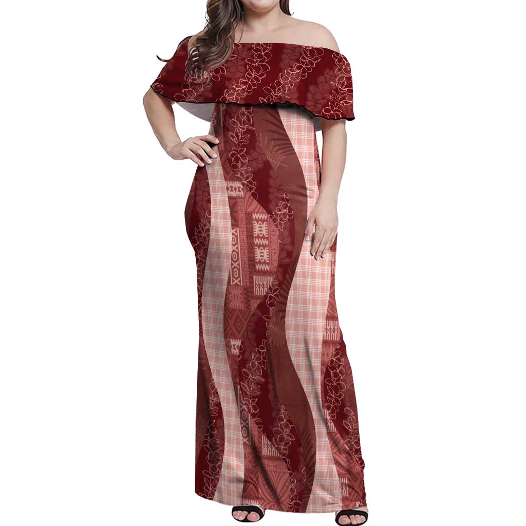 Polynesian Tribal Pattern Patchwork Picturesque Off Shoulder Maxi Dress Crimson