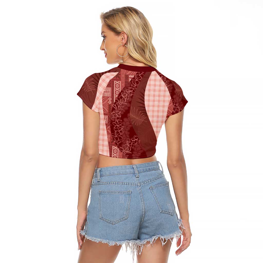 Polynesian Tribal Pattern Patchwork Picturesque Raglan Cropped T Shirt Crimson