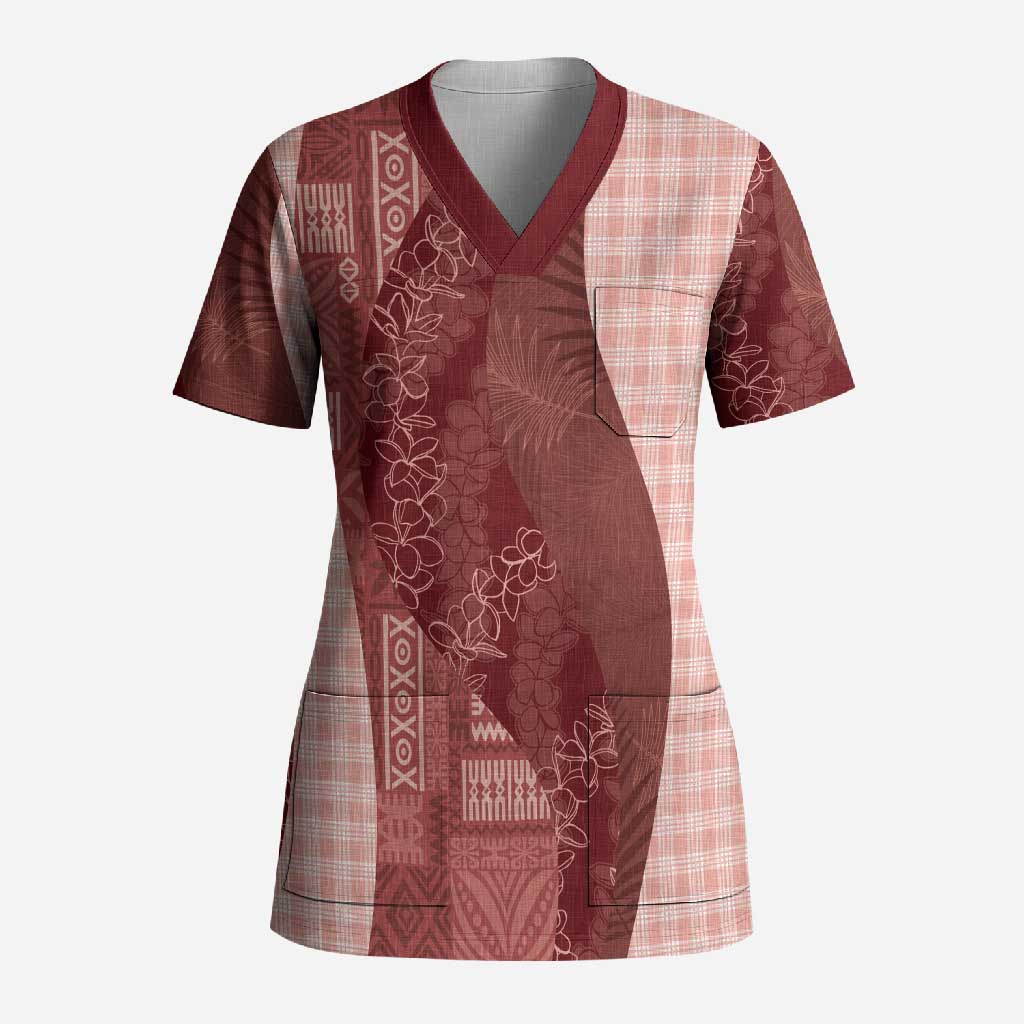 Polynesian Tribal Pattern Patchwork Picturesque Scrub Top Crimson