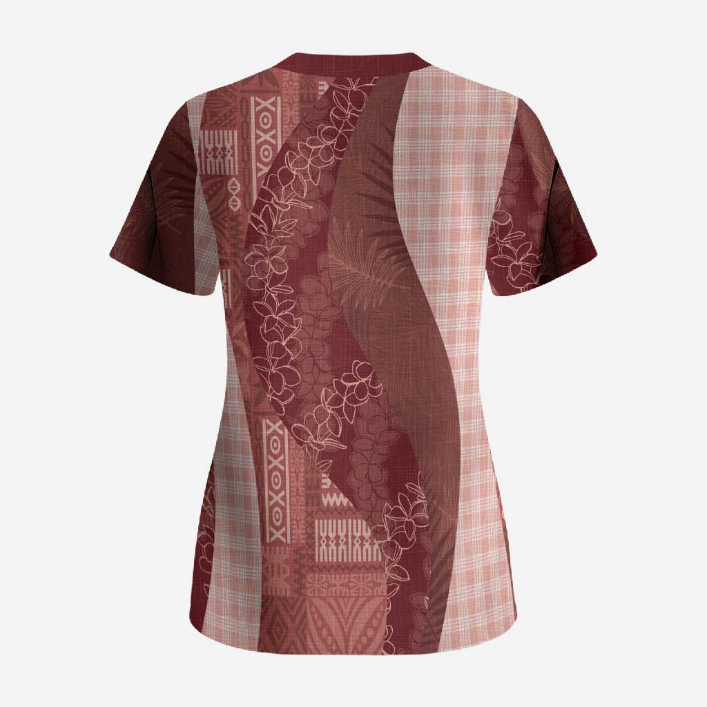Polynesian Tribal Pattern Patchwork Picturesque Scrub Top Crimson