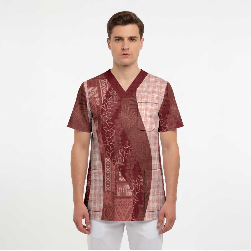 Polynesian Tribal Pattern Patchwork Picturesque Scrub Top Crimson