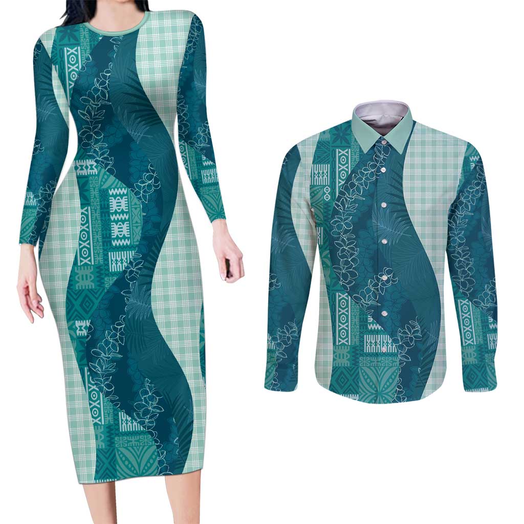 Polynesian Tribal Pattern Patchwork Picturesque Couples Matching Long Sleeve Bodycon Dress and Long Sleeve Button Shirt Oceanic
