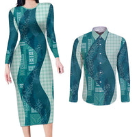 Polynesian Tribal Pattern Patchwork Picturesque Couples Matching Long Sleeve Bodycon Dress and Long Sleeve Button Shirt Oceanic