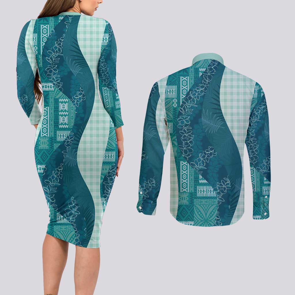 Polynesian Tribal Pattern Patchwork Picturesque Couples Matching Long Sleeve Bodycon Dress and Long Sleeve Button Shirt Oceanic