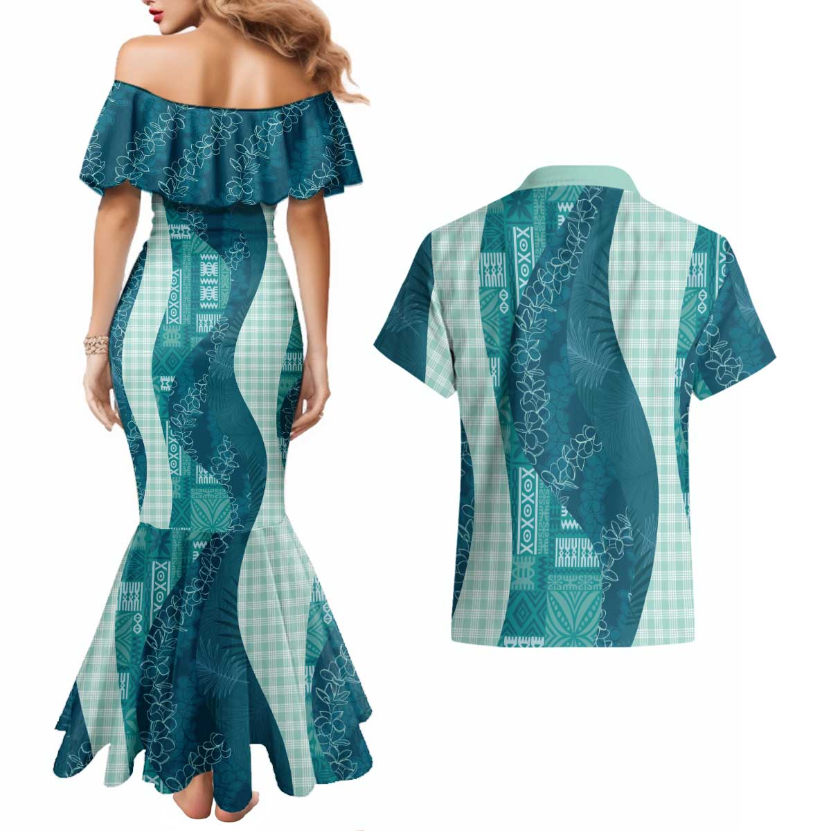 Polynesian Tribal Pattern Patchwork Picturesque Couples Matching Mermaid Dress and Hawaiian Shirt Oceanic