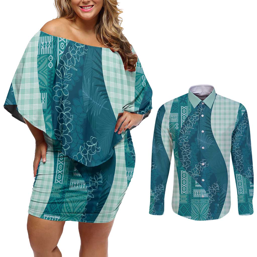 Polynesian Tribal Pattern Patchwork Picturesque Couples Matching Off Shoulder Short Dress and Long Sleeve Button Shirt Oceanic