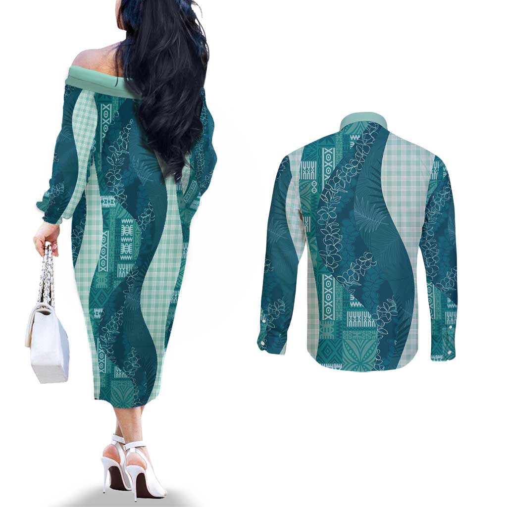 Polynesian Tribal Pattern Patchwork Picturesque Couples Matching Off The Shoulder Long Sleeve Dress and Long Sleeve Button Shirt Oceanic