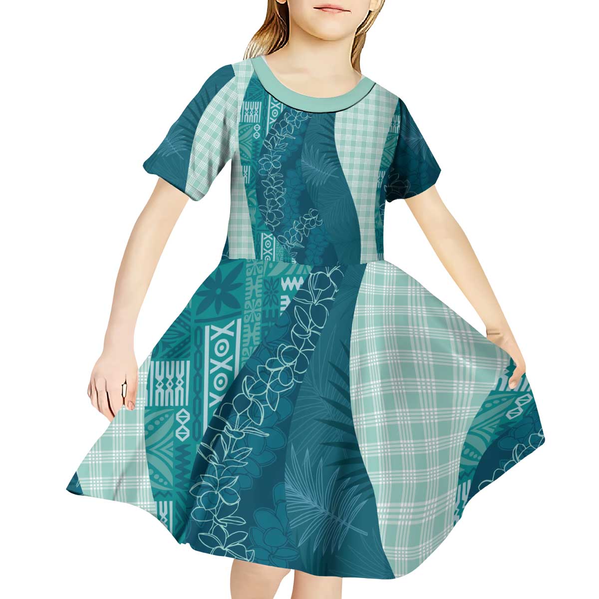 Polynesian Tribal Pattern Patchwork Picturesque Kid Short Sleeve Dress Oceanic