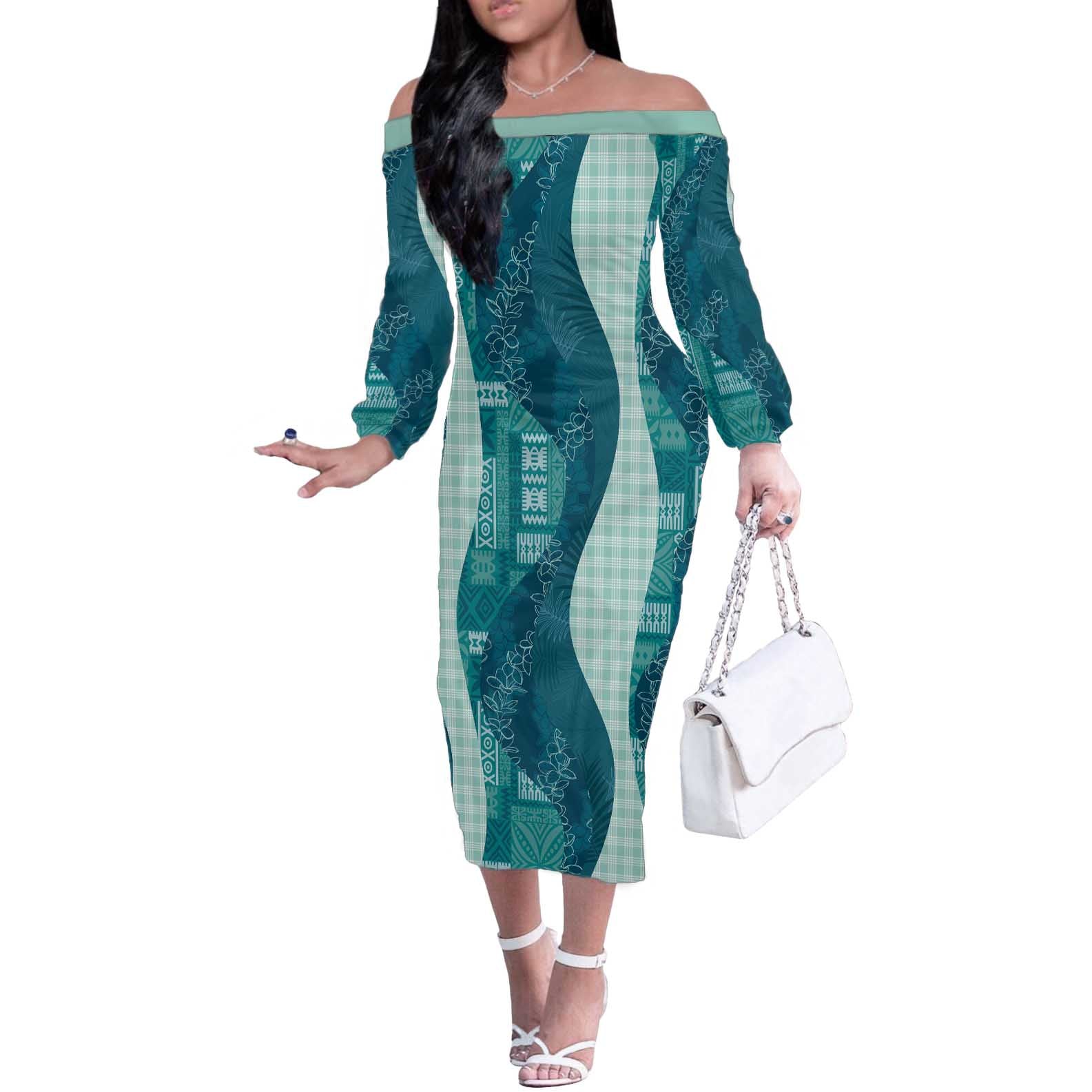 Polynesian Tribal Pattern Patchwork Picturesque Off The Shoulder Long Sleeve Dress Oceanic LT7 Women Blue - Polynesian Pride