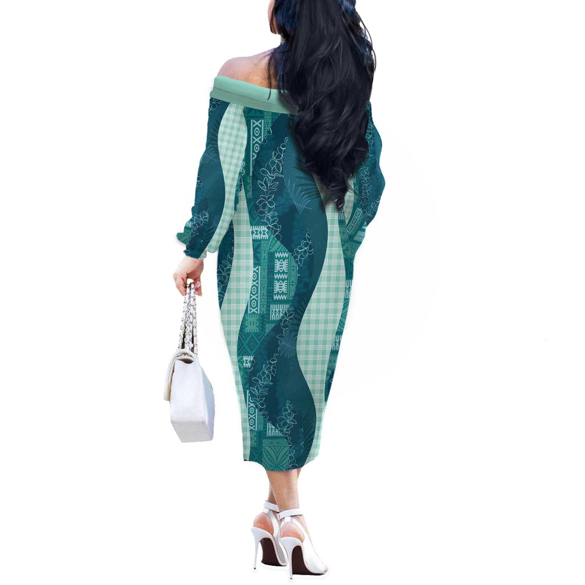 Polynesian Tribal Pattern Patchwork Picturesque Off The Shoulder Long Sleeve Dress Oceanic