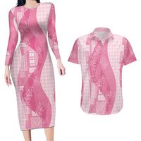 Polynesian Tribal Pattern Patchwork Picturesque Couples Matching Long Sleeve Bodycon Dress and Hawaiian Shirt Rose Pink