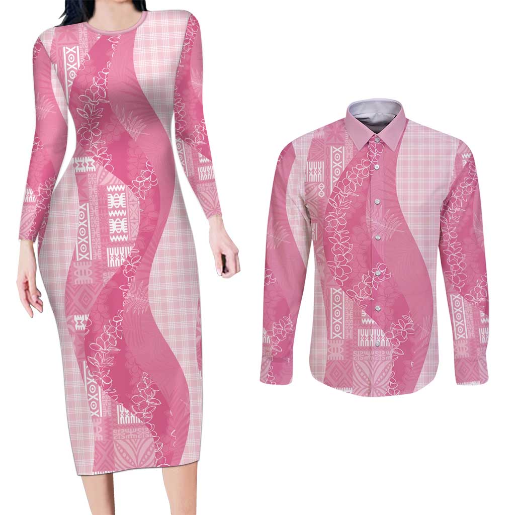 Polynesian Tribal Pattern Patchwork Picturesque Couples Matching Long Sleeve Bodycon Dress and Long Sleeve Button Shirt Rose Pink