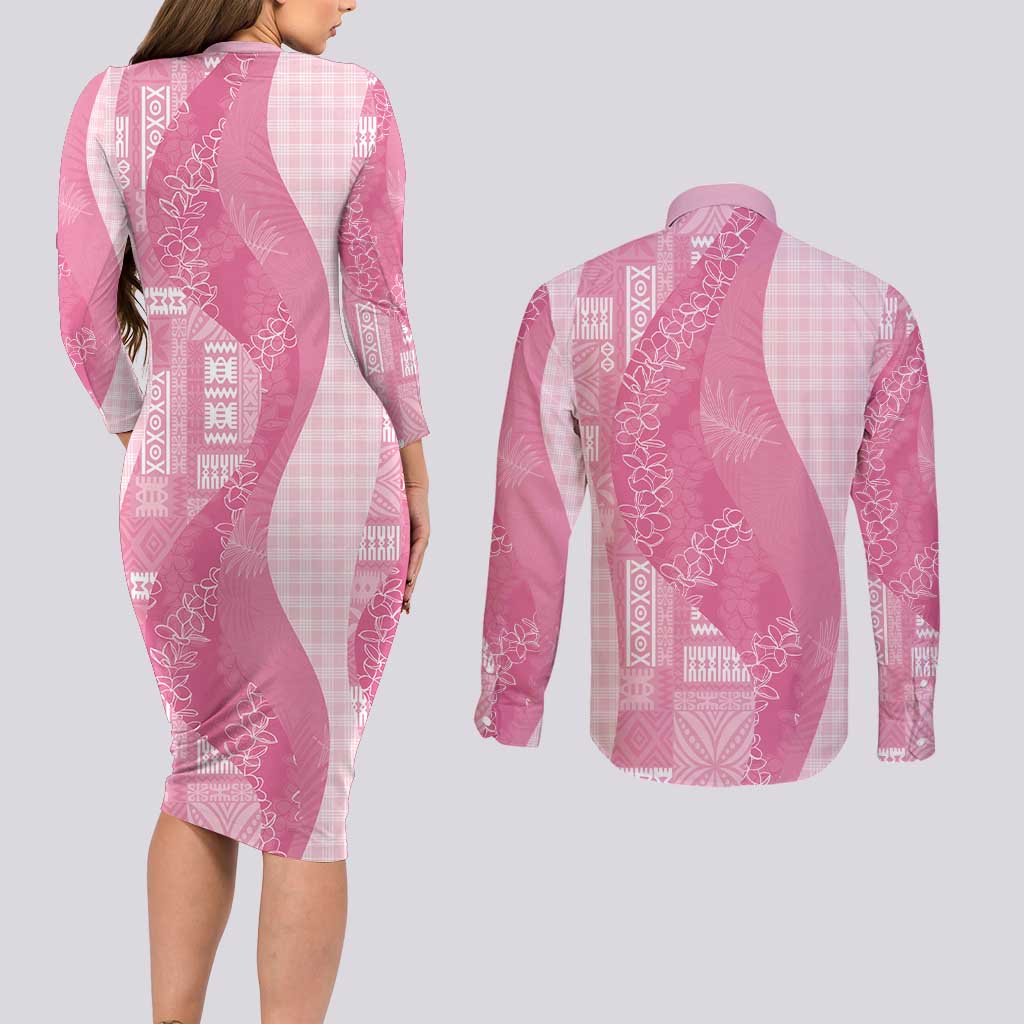 Polynesian Tribal Pattern Patchwork Picturesque Couples Matching Long Sleeve Bodycon Dress and Long Sleeve Button Shirt Rose Pink