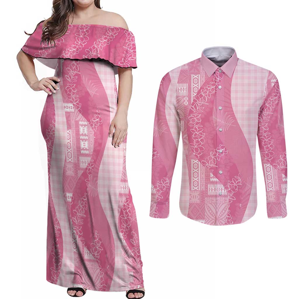 Polynesian Tribal Pattern Patchwork Picturesque Couples Matching Off Shoulder Maxi Dress and Long Sleeve Button Shirt Rose Pink