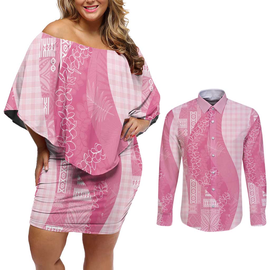 Polynesian Tribal Pattern Patchwork Picturesque Couples Matching Off Shoulder Short Dress and Long Sleeve Button Shirt Rose Pink