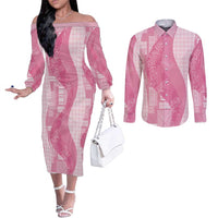 Polynesian Tribal Pattern Patchwork Picturesque Couples Matching Off The Shoulder Long Sleeve Dress and Long Sleeve Button Shirt Rose Pink