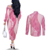 Polynesian Tribal Pattern Patchwork Picturesque Couples Matching Off The Shoulder Long Sleeve Dress and Long Sleeve Button Shirt Rose Pink