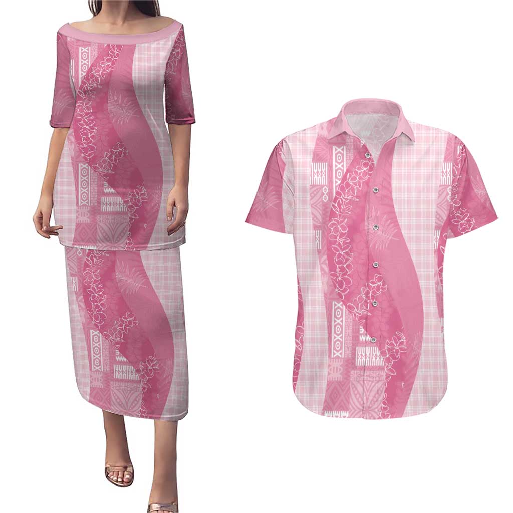 Polynesian Tribal Pattern Patchwork Picturesque Couples Matching Puletasi and Hawaiian Shirt Rose Pink