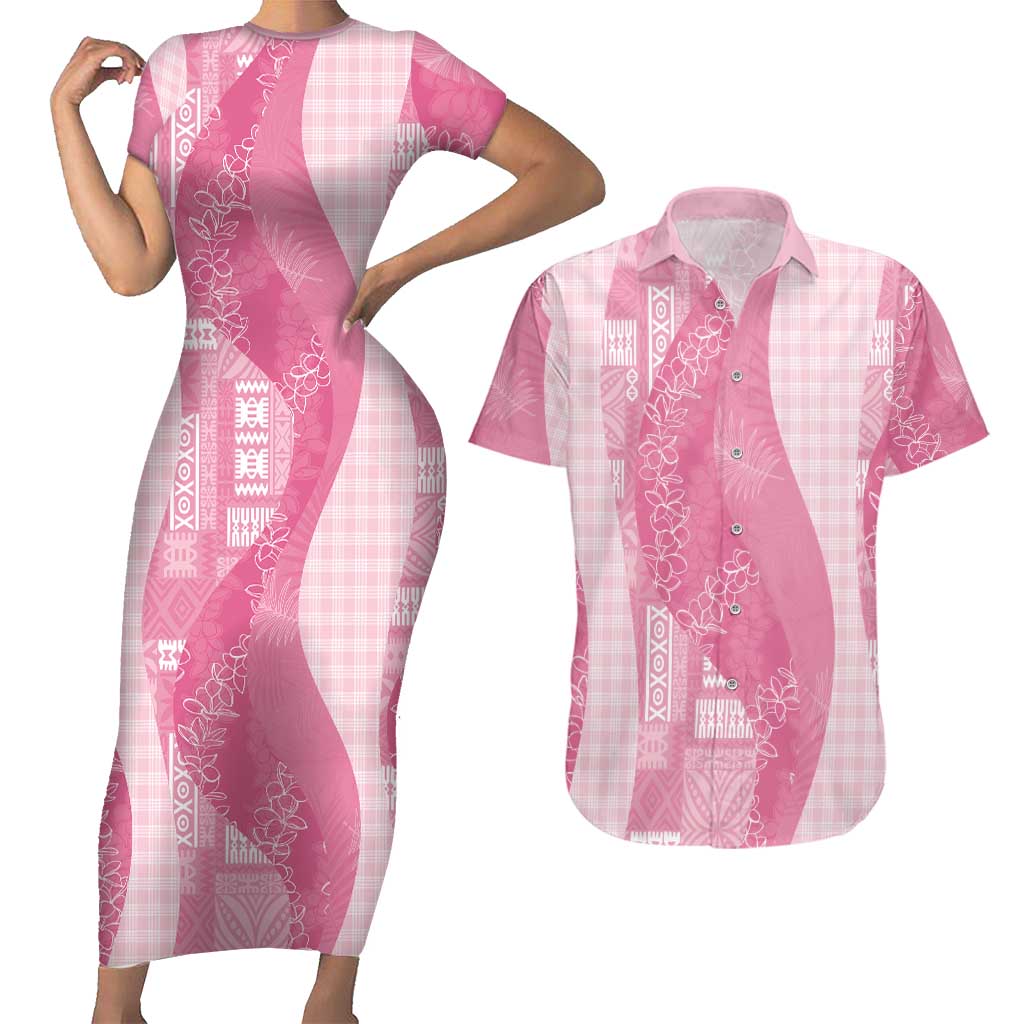 Polynesian Tribal Pattern Patchwork Picturesque Couples Matching Short Sleeve Bodycon Dress and Hawaiian Shirt Rose Pink