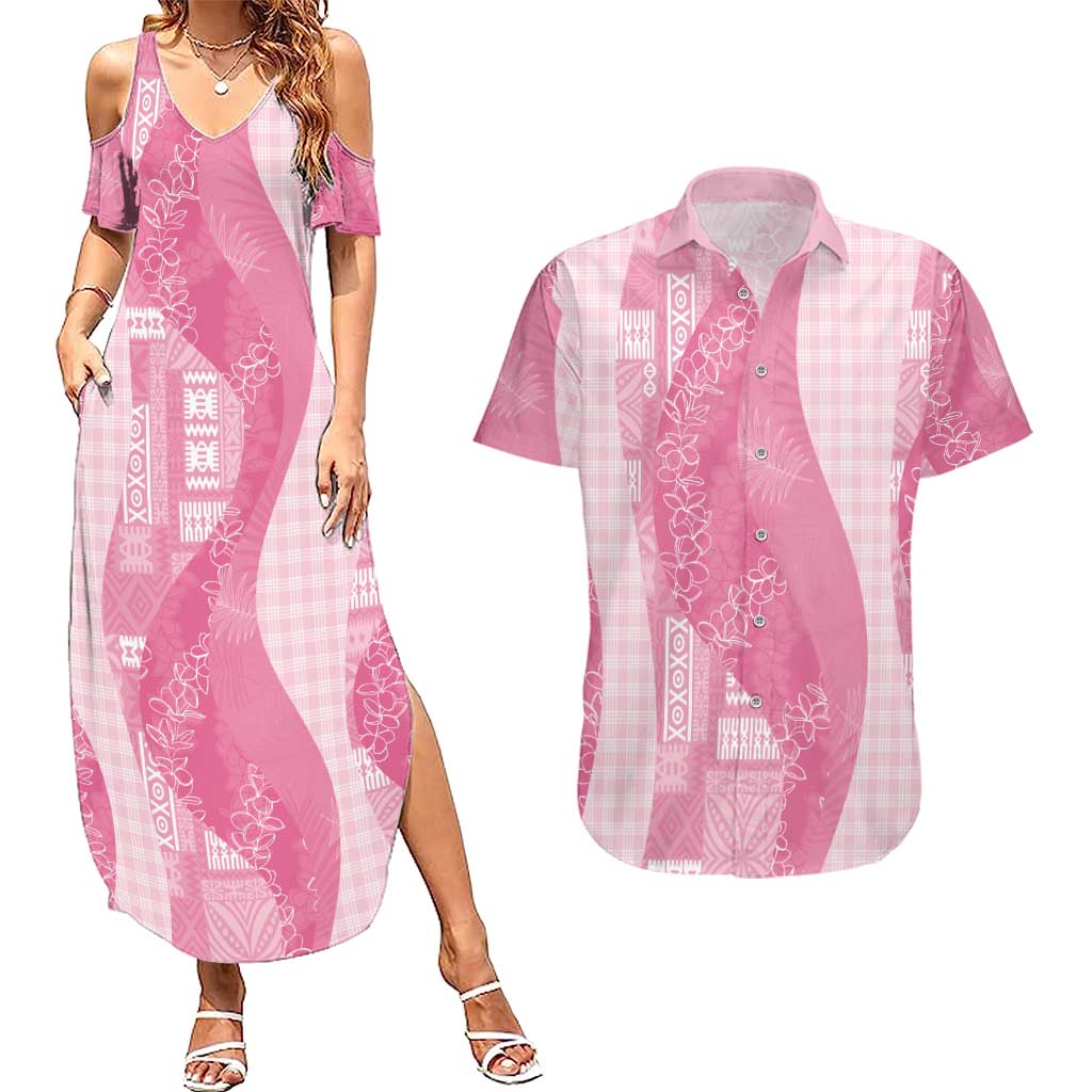 Polynesian Tribal Pattern Patchwork Picturesque Couples Matching Summer Maxi Dress and Hawaiian Shirt Rose Pink
