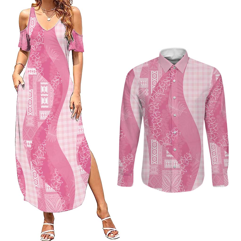 Polynesian Tribal Pattern Patchwork Picturesque Couples Matching Summer Maxi Dress and Long Sleeve Button Shirt Rose Pink