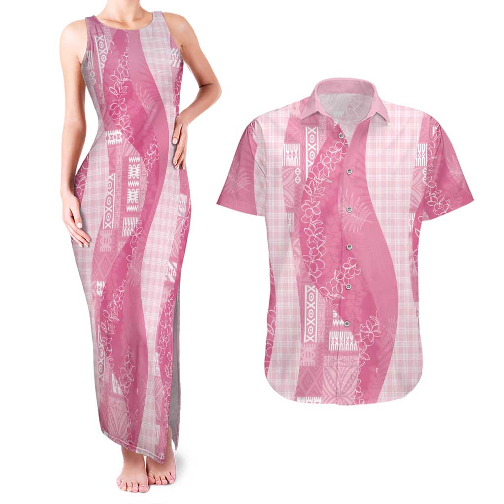 Polynesian Tribal Pattern Patchwork Picturesque Couples Matching Tank Maxi Dress and Hawaiian Shirt Rose Pink
