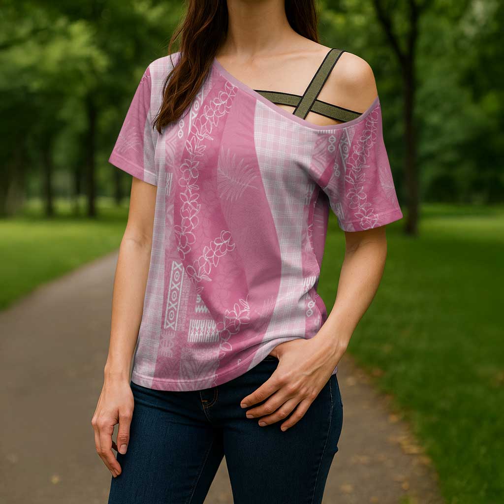 Polynesian Tribal Pattern Patchwork Picturesque Cross Shoulder Shirt Rose Pink