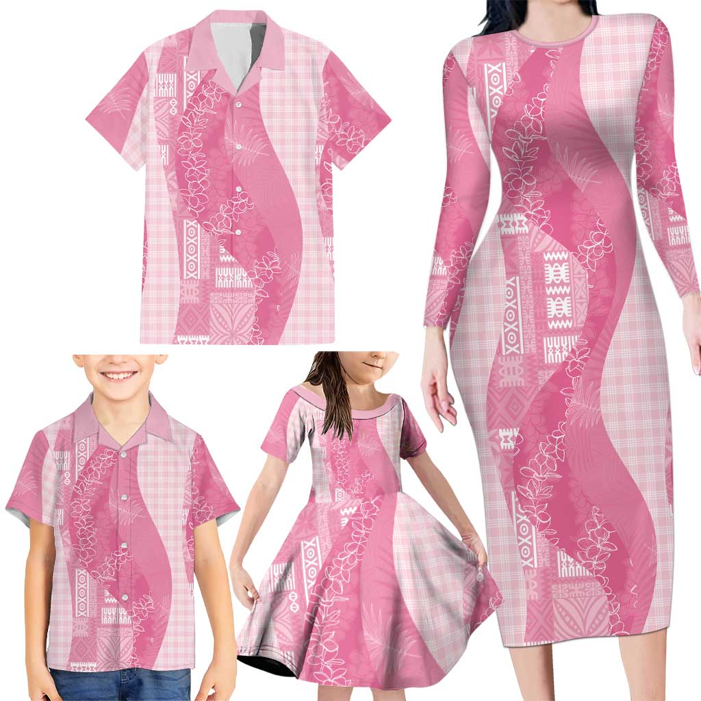 Polynesian Tribal Pattern Patchwork Picturesque Family Matching Long Sleeve Bodycon Dress and Hawaiian Shirt Rose Pink