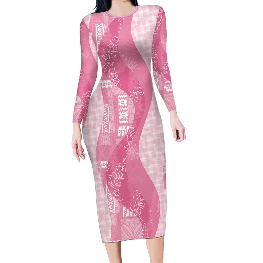 Polynesian Tribal Pattern Patchwork Picturesque Family Matching Long Sleeve Bodycon Dress and Hawaiian Shirt Rose Pink LT7 Mom's Dress Rose Pink - Polynesian Pride