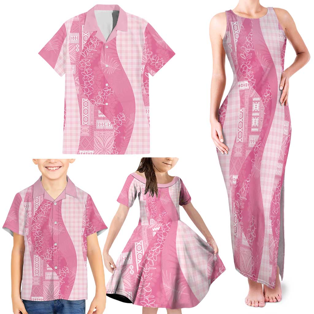 Polynesian Tribal Pattern Patchwork Picturesque Family Matching Tank Maxi Dress and Hawaiian Shirt Rose Pink
