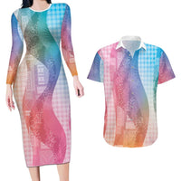 Polynesian Tribal Pattern Patchwork Picturesque Couples Matching Long Sleeve Bodycon Dress and Hawaiian Shirt Holographic