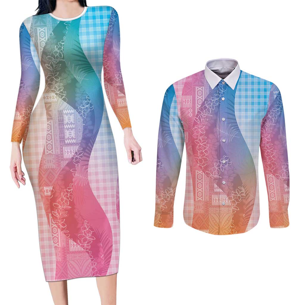 Polynesian Tribal Pattern Patchwork Picturesque Couples Matching Long Sleeve Bodycon Dress and Long Sleeve Button Shirt Holographic