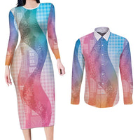 Polynesian Tribal Pattern Patchwork Picturesque Couples Matching Long Sleeve Bodycon Dress and Long Sleeve Button Shirt Holographic