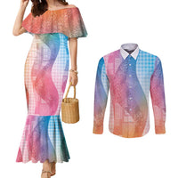 Polynesian Tribal Pattern Patchwork Picturesque Couples Matching Mermaid Dress and Long Sleeve Button Shirt Holographic