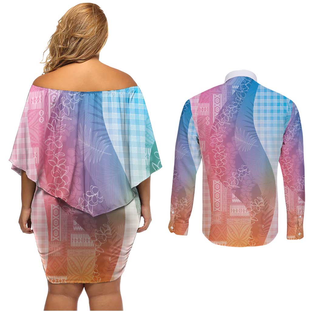 Polynesian Tribal Pattern Patchwork Picturesque Couples Matching Off Shoulder Short Dress and Long Sleeve Button Shirt Holographic LT7 - Polynesian Pride