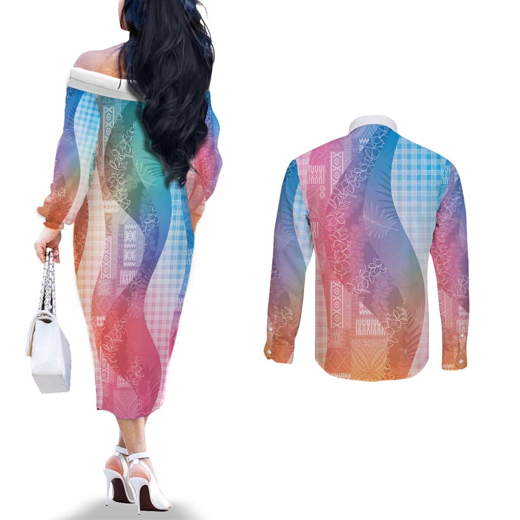 Polynesian Tribal Pattern Patchwork Picturesque Couples Matching Off The Shoulder Long Sleeve Dress and Long Sleeve Button Shirt Holographic