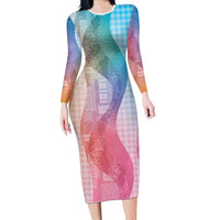 Polynesian Tribal Pattern Patchwork Picturesque Family Matching Long Sleeve Bodycon Dress and Hawaiian Shirt Holographic