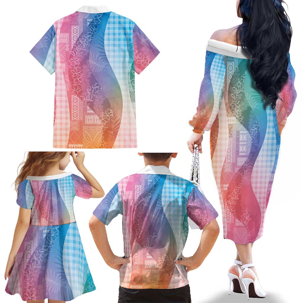 Polynesian Tribal Pattern Patchwork Picturesque Family Matching Off The Shoulder Long Sleeve Dress and Hawaiian Shirt Holographic