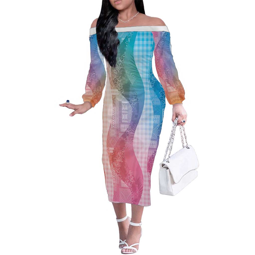 Polynesian Tribal Pattern Patchwork Picturesque Family Matching Off The Shoulder Long Sleeve Dress and Hawaiian Shirt Holographic