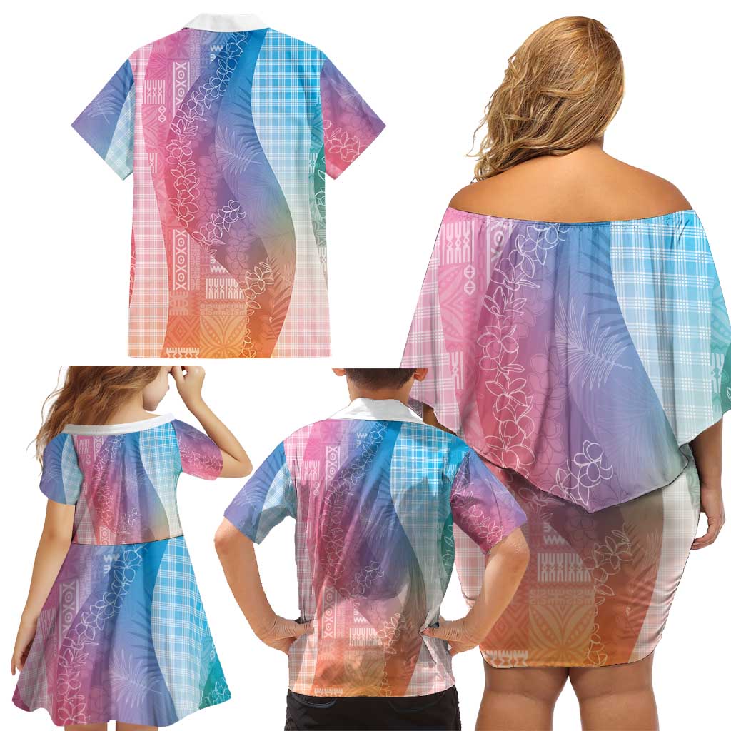 Polynesian Tribal Pattern Patchwork Picturesque Family Matching Off Shoulder Short Dress and Hawaiian Shirt Holographic