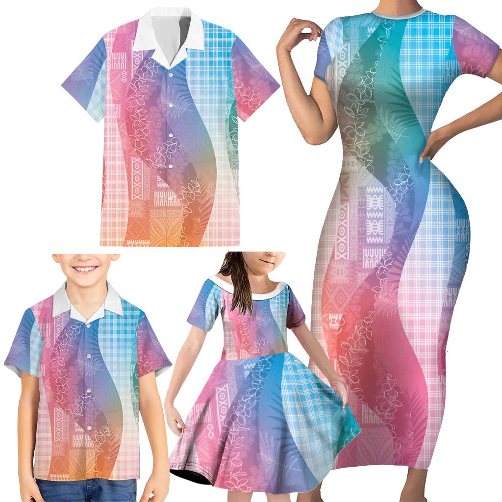 Polynesian Tribal Pattern Patchwork Picturesque Family Matching Short Sleeve Bodycon Dress and Hawaiian Shirt Holographic