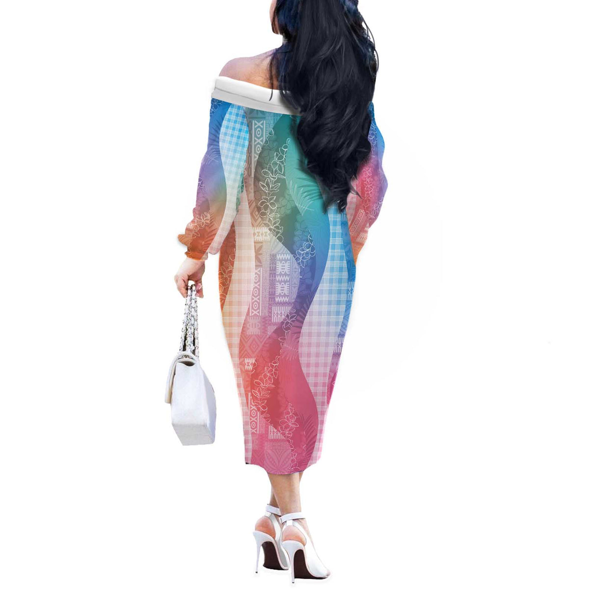 Polynesian Tribal Pattern Patchwork Picturesque Off The Shoulder Long Sleeve Dress Holographic