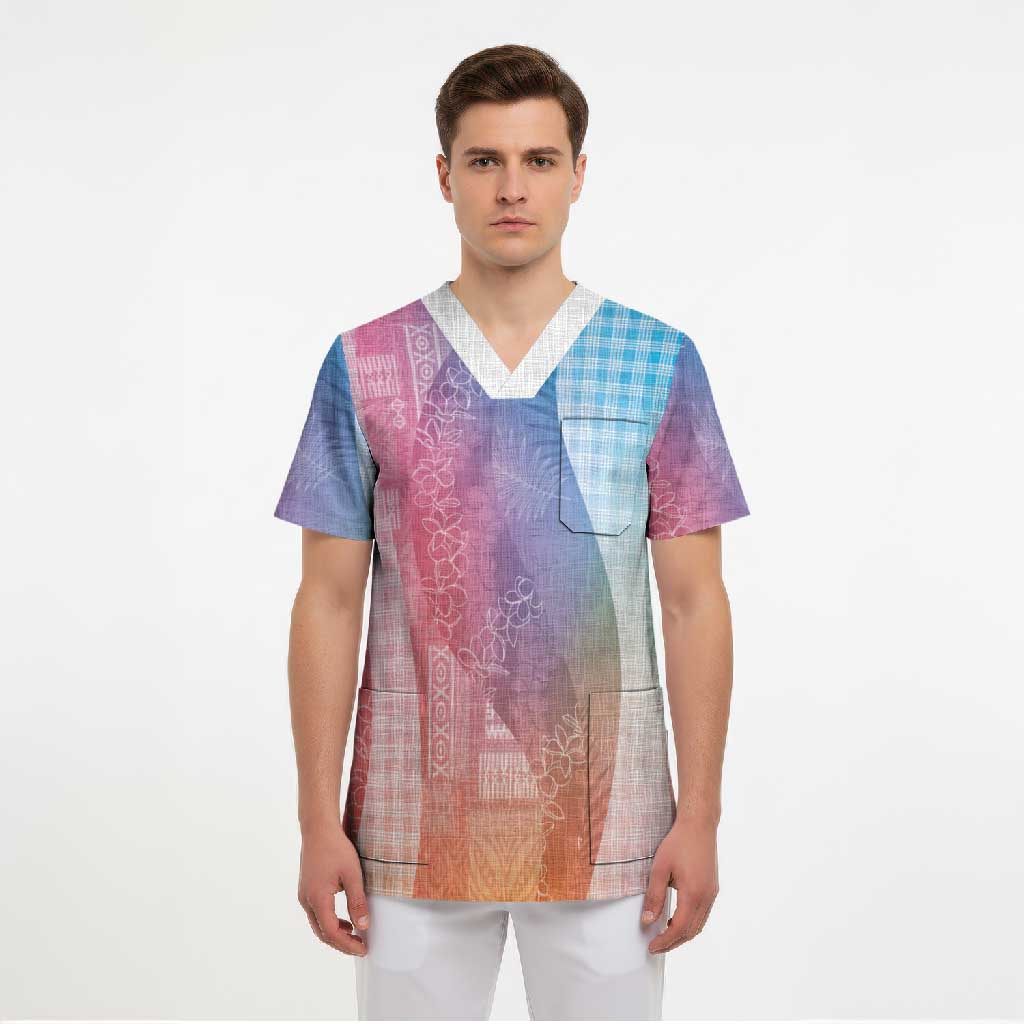 Polynesian Tribal Pattern Patchwork Picturesque Scrub Top Holographic