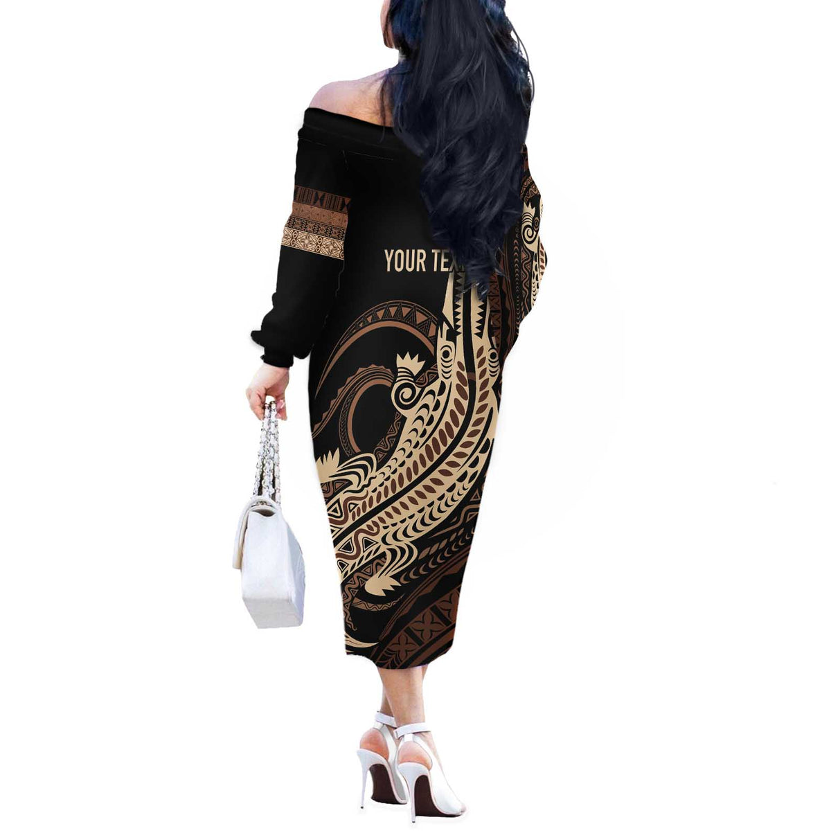 Personalized Solomon Islands Crocodile Off The Shoulder Long Sleeve Dress Hapi Isles - Independence Anniversary