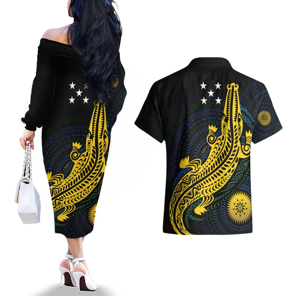 Personalized Solomon Islands Independence Anniversary Couples Matching Off The Shoulder Long Sleeve Dress and Hawaiian Shirt Crocodile Mix Tapa