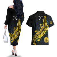 Personalized Solomon Islands Independence Anniversary Couples Matching Off The Shoulder Long Sleeve Dress and Hawaiian Shirt Crocodile Mix Tapa